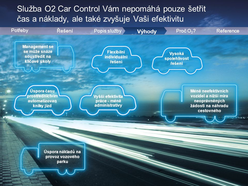 6 Služba O2 Car Control Vám nepomáhá pouze šetřit čas a náklady, ale také zvyšuje Vaši efektivitu 9 ŘešeníPopis služby Potřeby Výhody ReferenceProč O 2 .