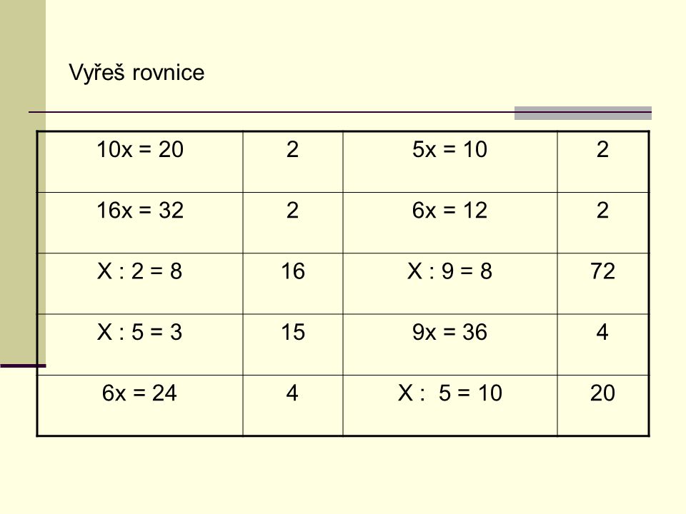 Vyřeš rovnice 10x = 2025x = x = 3226x = 122 X : 2 = 816X : 9 = 872 X : 5 = 3159x = 364 6x = 244X : 5 = 1020