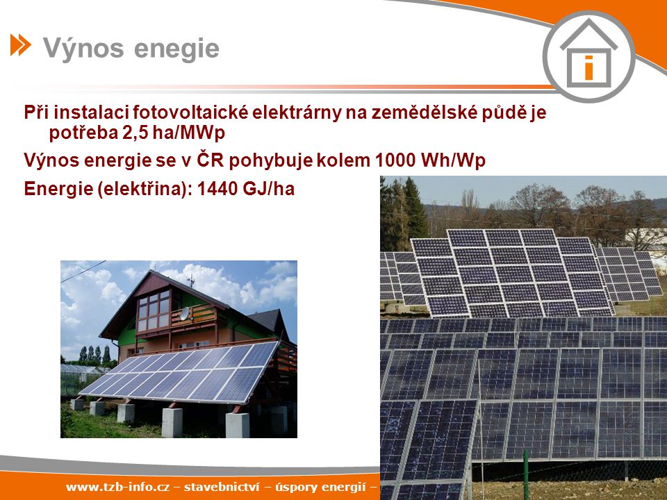 Při instalaci fotovoltaické elektrárny na zemědělské půdě je potřeba 2,5 ha/MWp Výnos energie se v ČR pohybuje kolem 1000 Wh/Wp Energie (elektřina): 1440 GJ/ha Výnos enegie   – stavebnictví – úspory energií – technická zařízení budov 4