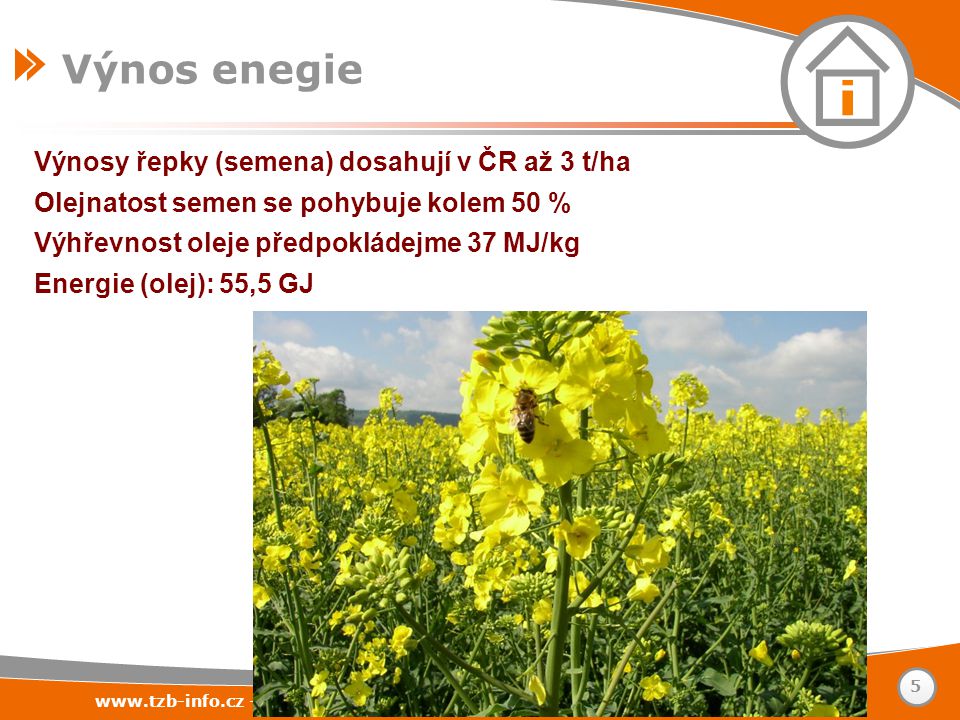Výnosy řepky (semena) dosahují v ČR až 3 t/ha Olejnatost semen se pohybuje kolem 50 % Výhřevnost oleje předpokládejme 37 MJ/kg Energie (olej): 55,5 GJ Výnos enegie   – stavebnictví – úspory energií – technická zařízení budov 5