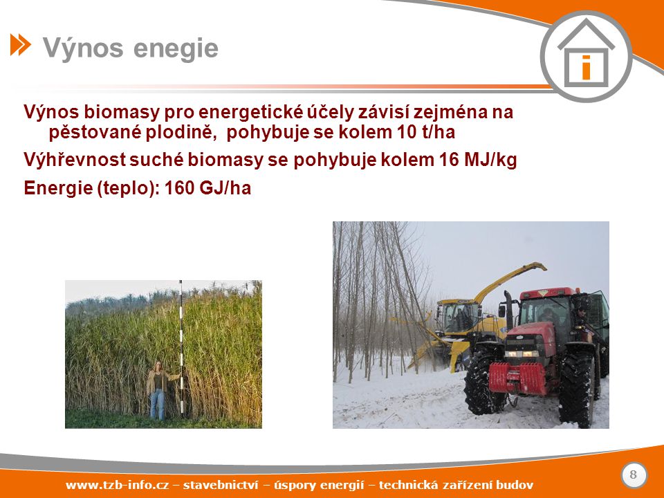 Výnos biomasy pro energetické účely závisí zejména na pěstované plodině, pohybuje se kolem 10 t/ha Výhřevnost suché biomasy se pohybuje kolem 16 MJ/kg Energie (teplo): 160 GJ/ha Výnos enegie   – stavebnictví – úspory energií – technická zařízení budov 8