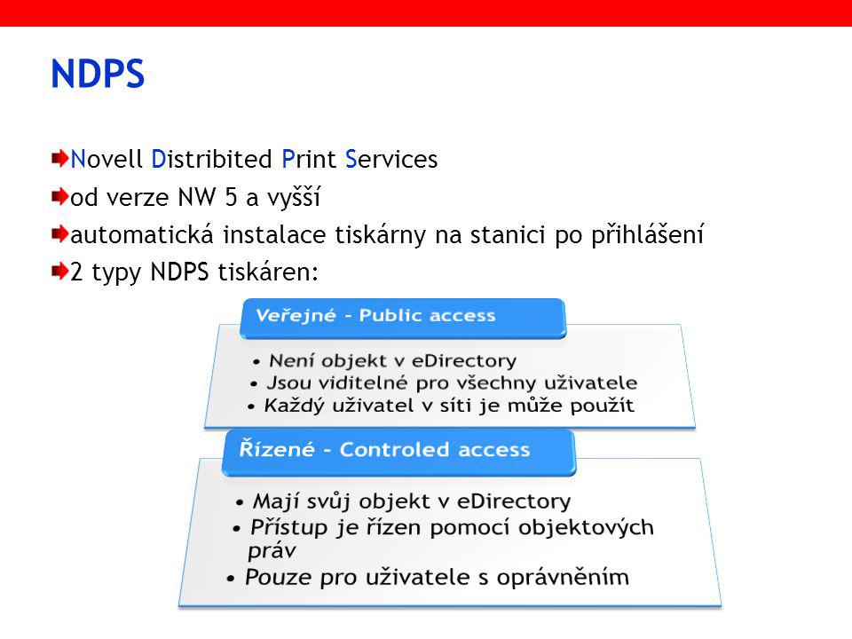 NDPS Novell Distribited Print Services od verze NW 5 a vyšší automatická instalace tiskárny na stanici po přihlášení 2 typy NDPS tiskáren:
