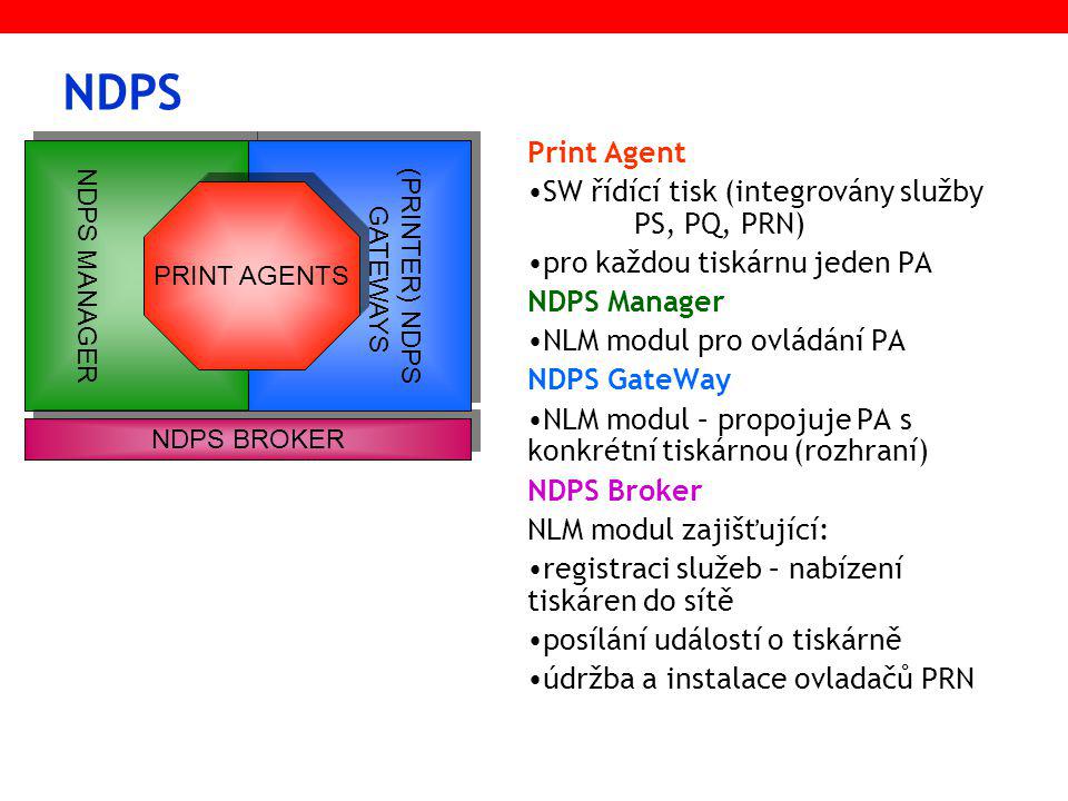 NDPS Print Agent SW řídící tisk (integrovány služby PS, PQ, PRN) pro každou tiskárnu jeden PA NDPS Manager NLM modul pro ovládání PA NDPS GateWay NLM modul – propojuje PA s konkrétní tiskárnou (rozhraní) NDPS Broker NLM modul zajišťující: registraci služeb – nabízení tiskáren do sítě posílání událostí o tiskárně údržba a instalace ovladačů PRN NDPS MANAGER NDPS BROKER (PRINTER) NDPS GATEWAYS PRINT AGENTS
