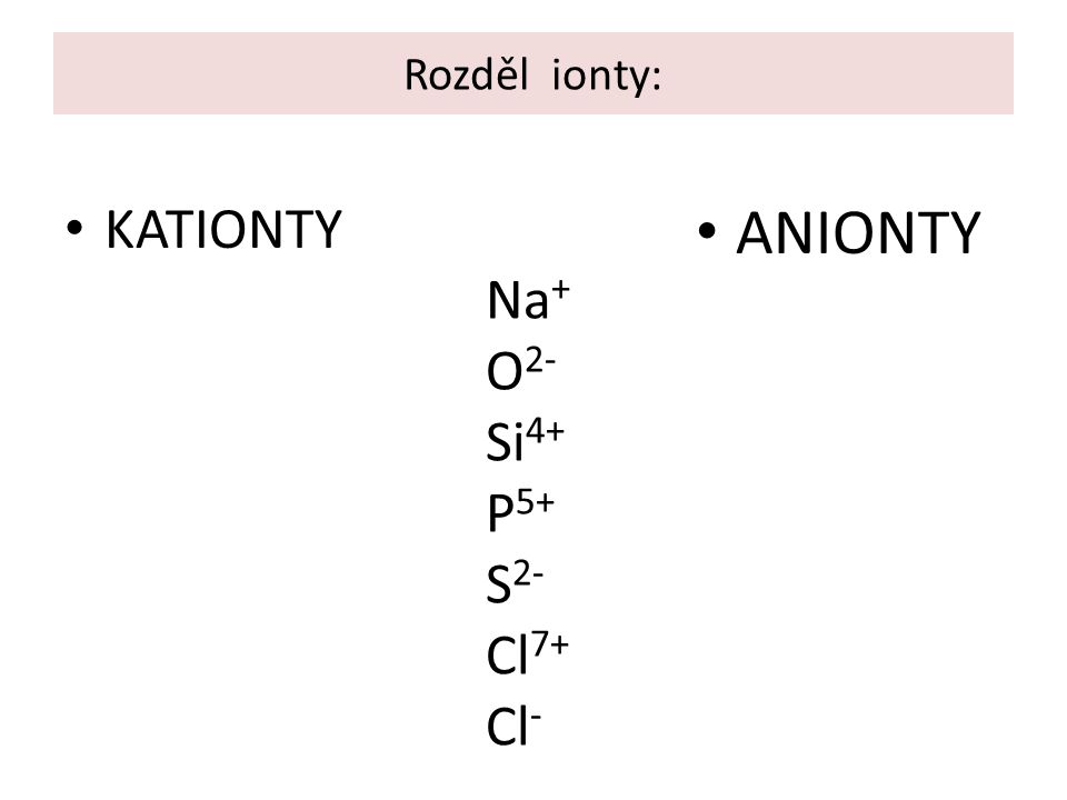 Rozděl ionty: KATIONTY ANIONTY Na + O 2- Si 4+ P 5+ S 2- Cl 7+ Cl -