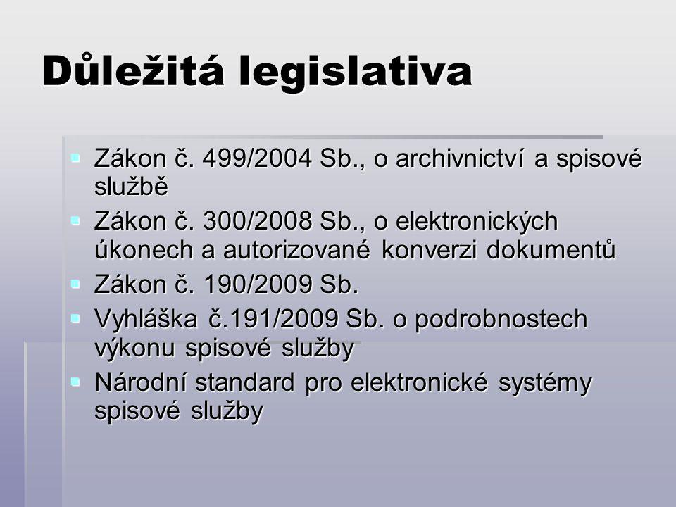 Důležitá legislativa  Zákon č. 499/2004 Sb., o archivnictví a spisové službě  Zákon č.