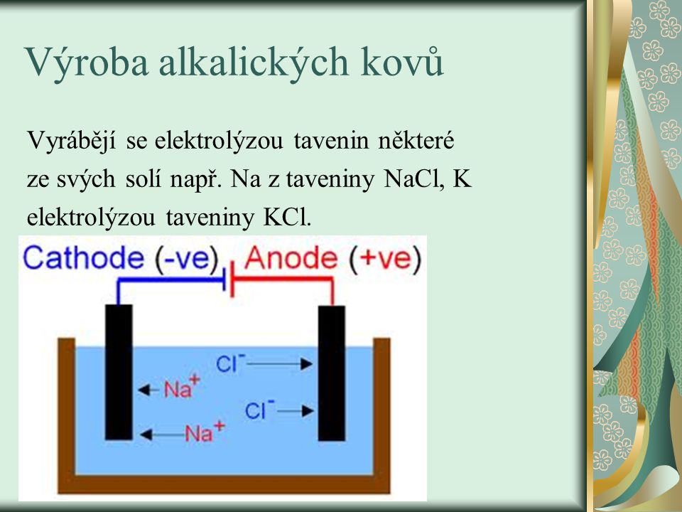 Výroba alkalických kovů Vyrábějí se elektrolýzou tavenin některé ze svých solí např.