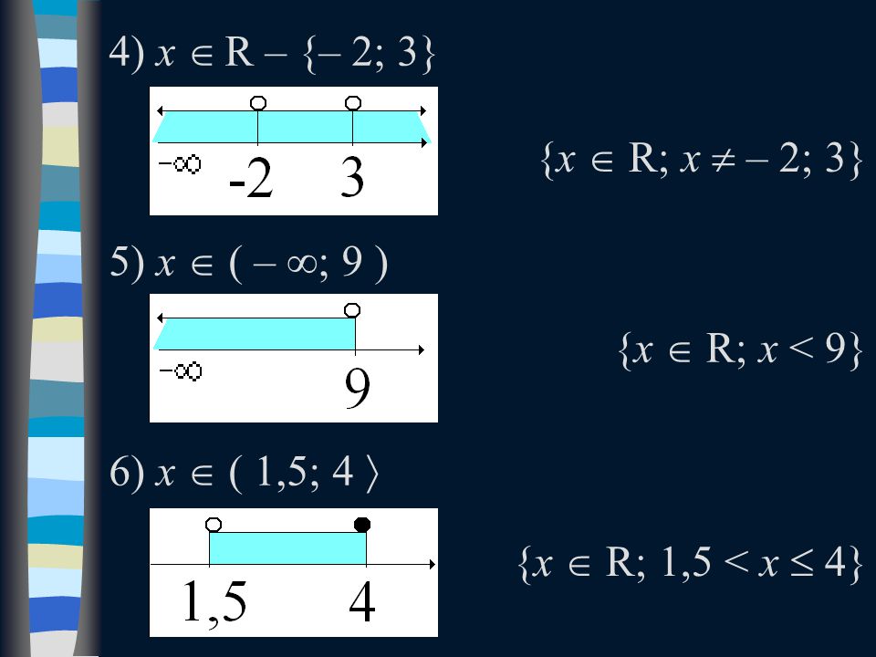 4) x  R – {– 2; 3} 5) x  ( – ∞; 9 ) 6) x  ( 1,5; 4  {x  R; x  – 2; 3} {x  R; x < 9} {x  R; 1,5 < x  4}