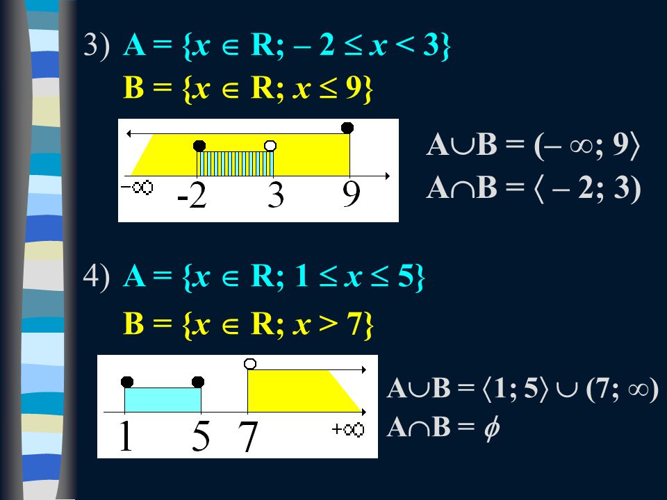 3)A = {x  R; – 2  x < 3} B = {x  R; x  9} 4)A = {x  R; 1  x  5} B = {x  R; x > 7} A  B = (– ∞; 9  A  B =  – 2; 3) A  B =  1; 5   (7; ∞) A  B = 