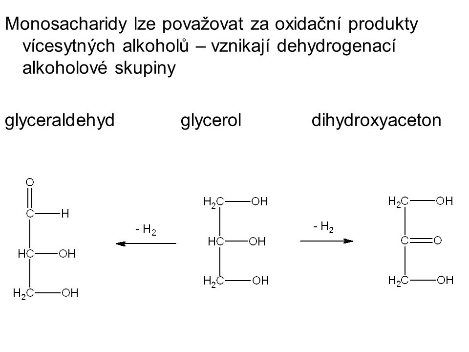 Monosacharidy lze považovat za oxidační produkty vícesytných alkoholů – vznikají dehydrogenací alkoholové skupiny glyceraldehyd glycerol dihydroxyaceton
