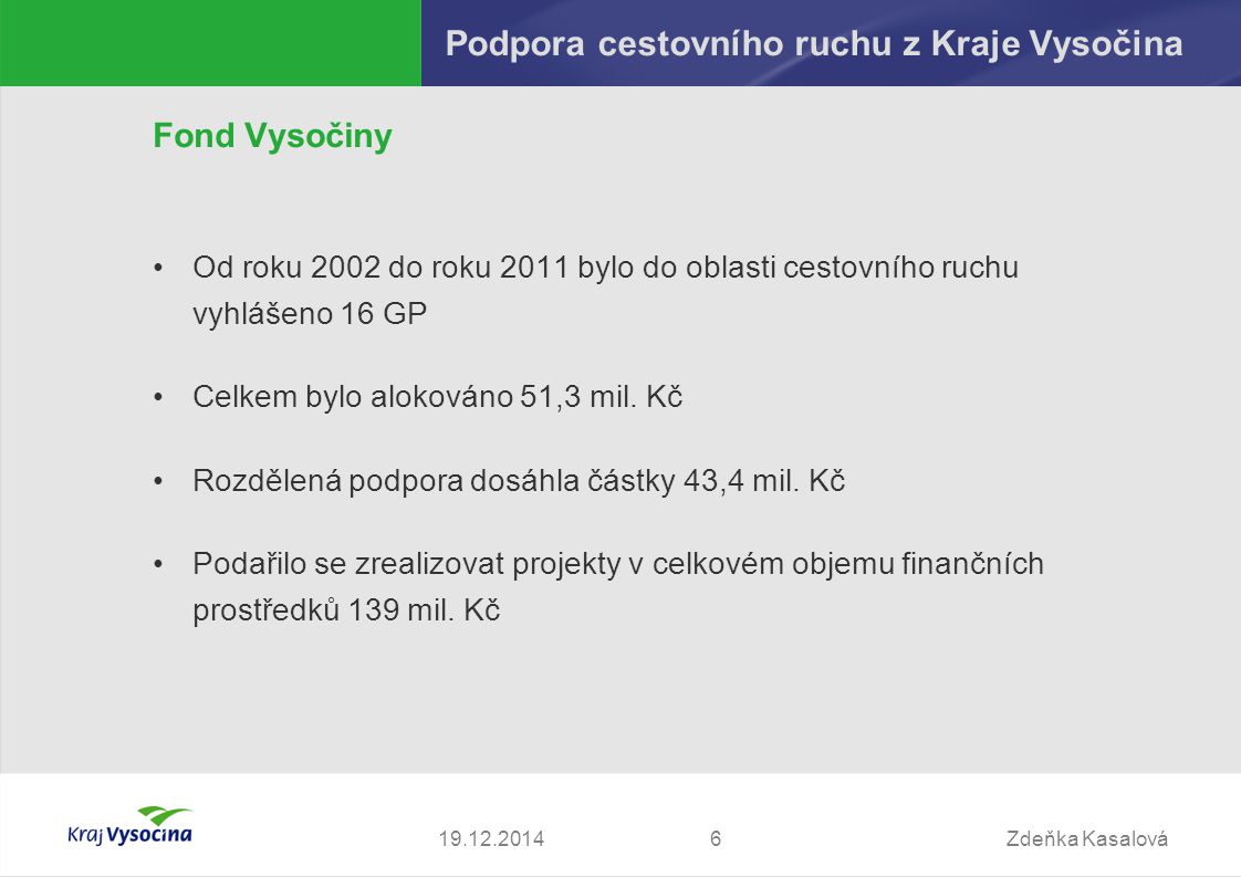 Zdeňka Kasalová Podpora cestovního ruchu z Kraje Vysočina Fond Vysočiny Od roku 2002 do roku 2011 bylo do oblasti cestovního ruchu vyhlášeno 16 GP Celkem bylo alokováno 51,3 mil.
