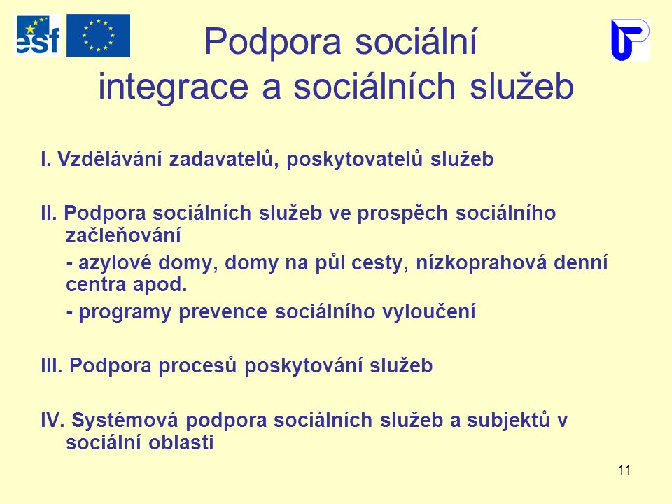 11 Podpora sociální integrace a sociálních služeb I.