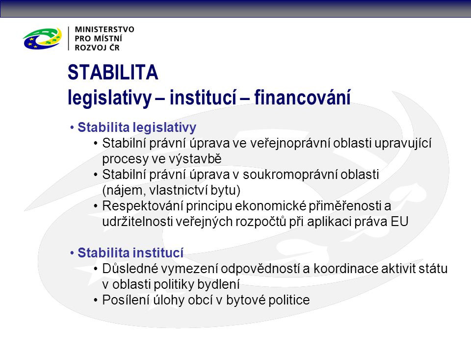STABILITA legislativy – institucí – financování Stabilita legislativy Stabilní právní úprava ve veřejnoprávní oblasti upravující procesy ve výstavbě Stabilní právní úprava v soukromoprávní oblasti (nájem, vlastnictví bytu) Respektování principu ekonomické přiměřenosti a udržitelnosti veřejných rozpočtů při aplikaci práva EU Stabilita institucí Důsledné vymezení odpovědností a koordinace aktivit státu v oblasti politiky bydlení Posílení úlohy obcí v bytové politice
