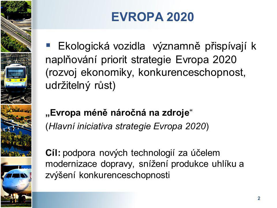 2 EVROPA 2020  Ekologická vozidla významně přispívají k naplňování priorit strategie Evropa 2020 (rozvoj ekonomiky, konkurenceschopnost, udržitelný růst) „Evropa méně náročná na zdroje (Hlavní iniciativa strategie Evropa 2020) Cíl: podpora nových technologií za účelem modernizace dopravy, snížení produkce uhlíku a zvýšení konkurenceschopnosti