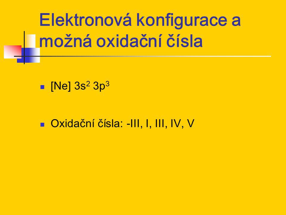 Elektronová konfigurace a možná oxidační čísla [Ne] 3s 2 3p 3 Oxidační čísla: -III, I, III, IV, V