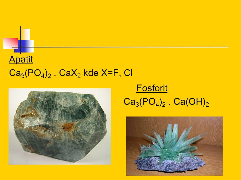 Apatit Ca 3 (PO 4 ) 2. CaX 2 kde X=F, Cl Fosforit Ca 3 (PO 4 ) 2. Ca(OH) 2