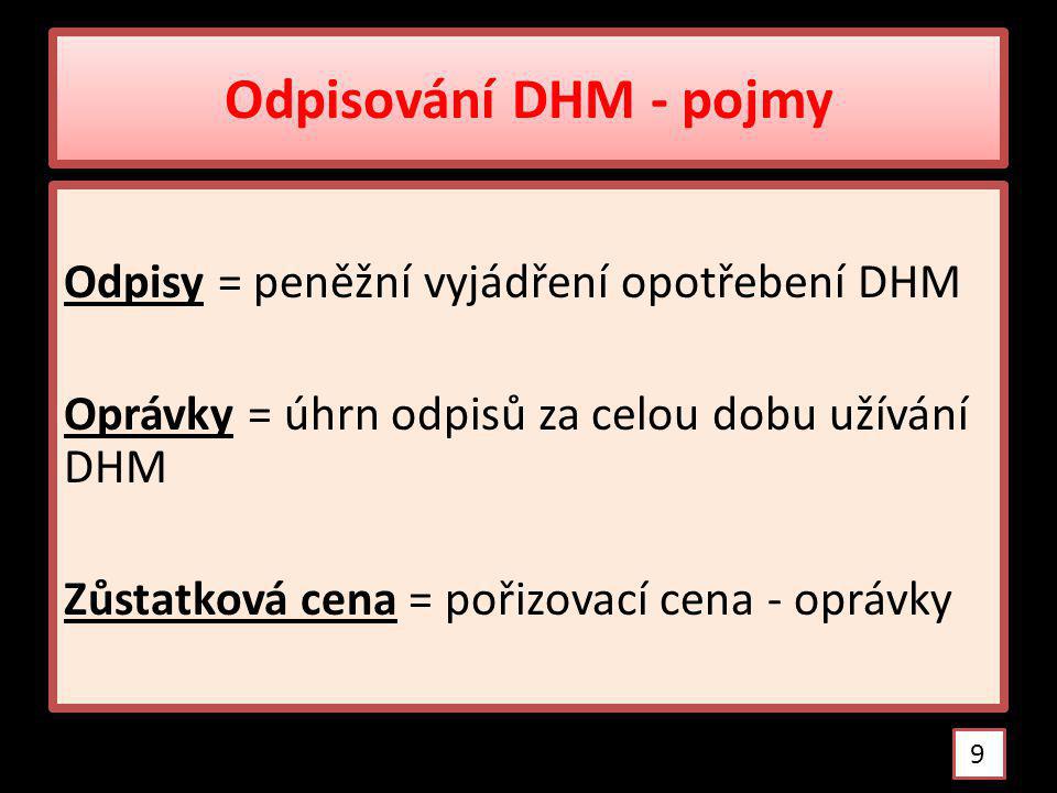 Odpisování DHM - pojmy Odpisy = peněžní vyjádření opotřebení DHM Oprávky = úhrn odpisů za celou dobu užívání DHM Zůstatková cena = pořizovací cena - oprávky 9