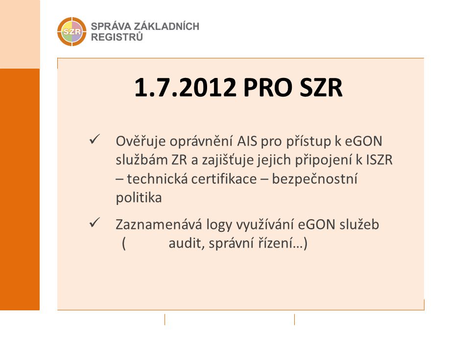 PRO SZR Ověřuje oprávnění AIS pro přístup k eGON službám ZR a zajišťuje jejich připojení k ISZR – technická certifikace – bezpečnostní politika Zaznamenává logy využívání eGON služeb (audit, správní řízení…)