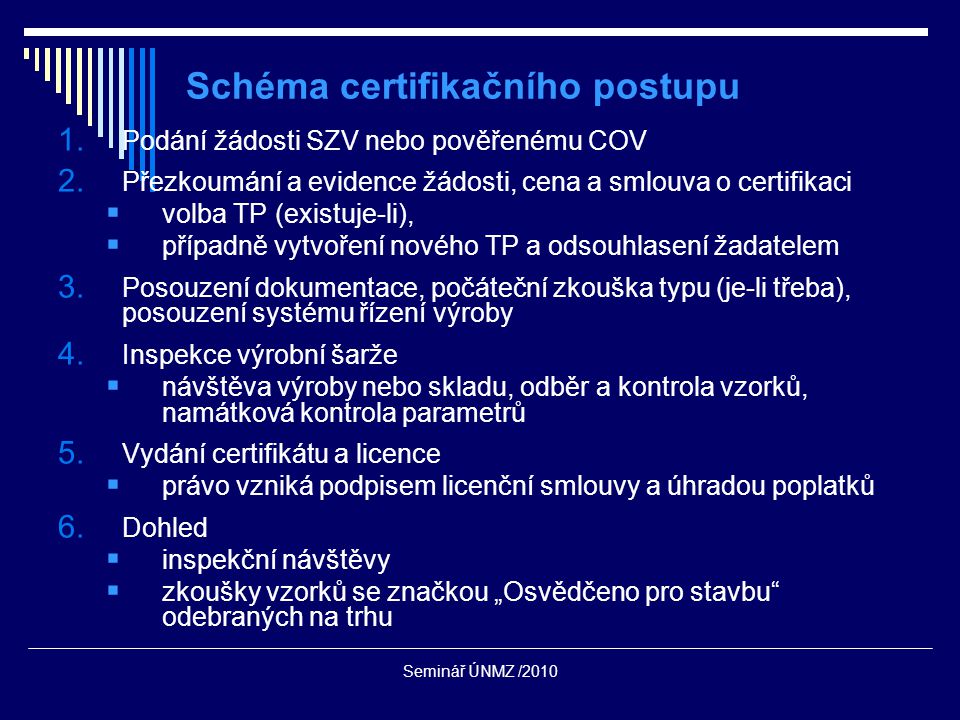 Seminář ÚNMZ /2010 Schéma certifikačního postupu 1.