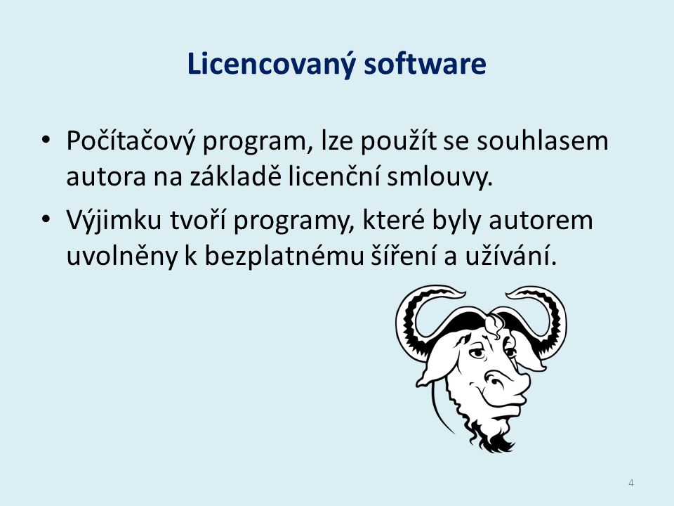Licencovaný software Počítačový program, lze použít se souhlasem autora na základě licenční smlouvy.