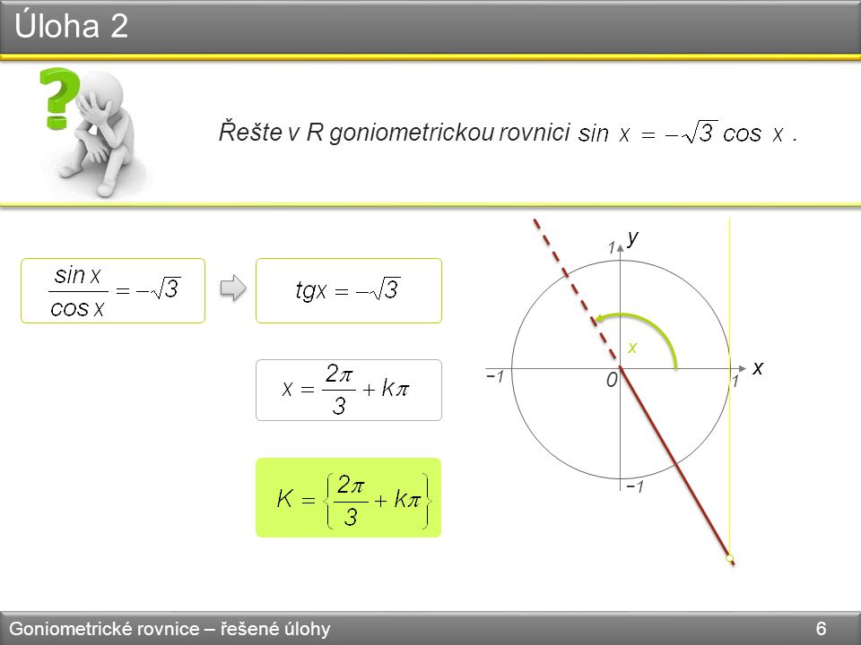 Řešte v R goniometrickou rovnici. Úloha 2 Goniometrické rovnice – řešené úlohy 6 y x −1 x