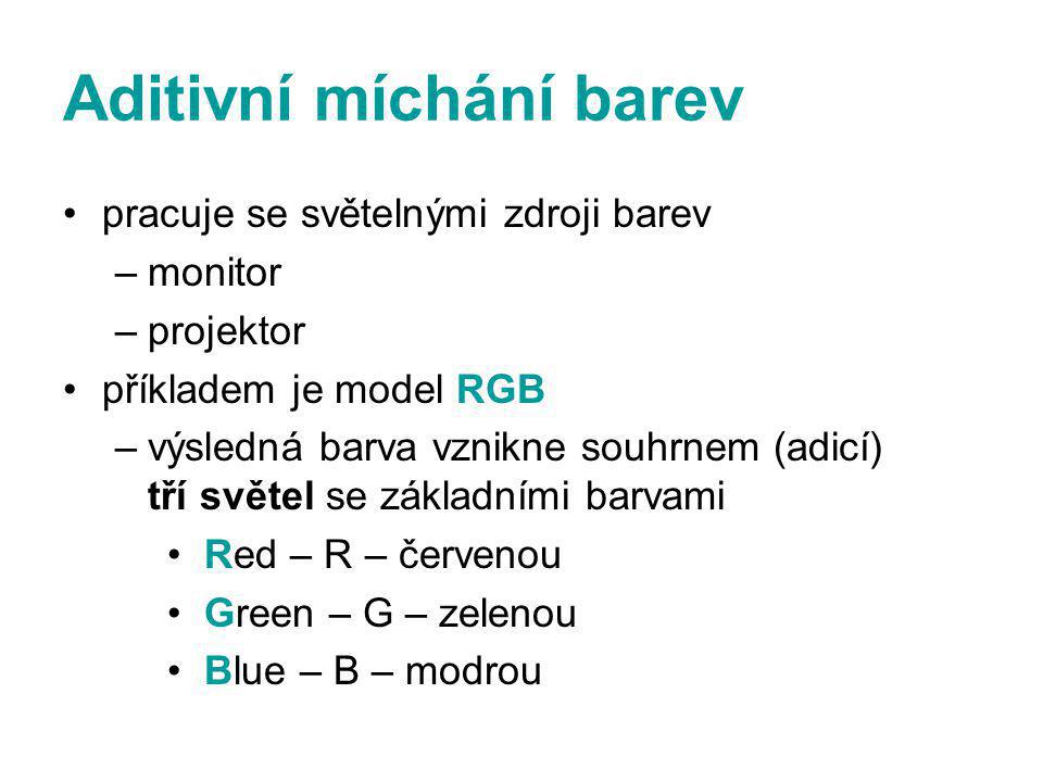 Aditivní míchání barev pracuje se světelnými zdroji barev –monitor –projektor příkladem je model RGB –výsledná barva vznikne souhrnem (adicí) tří světel se základními barvami Red – R – červenou Green – G – zelenou Blue – B – modrou