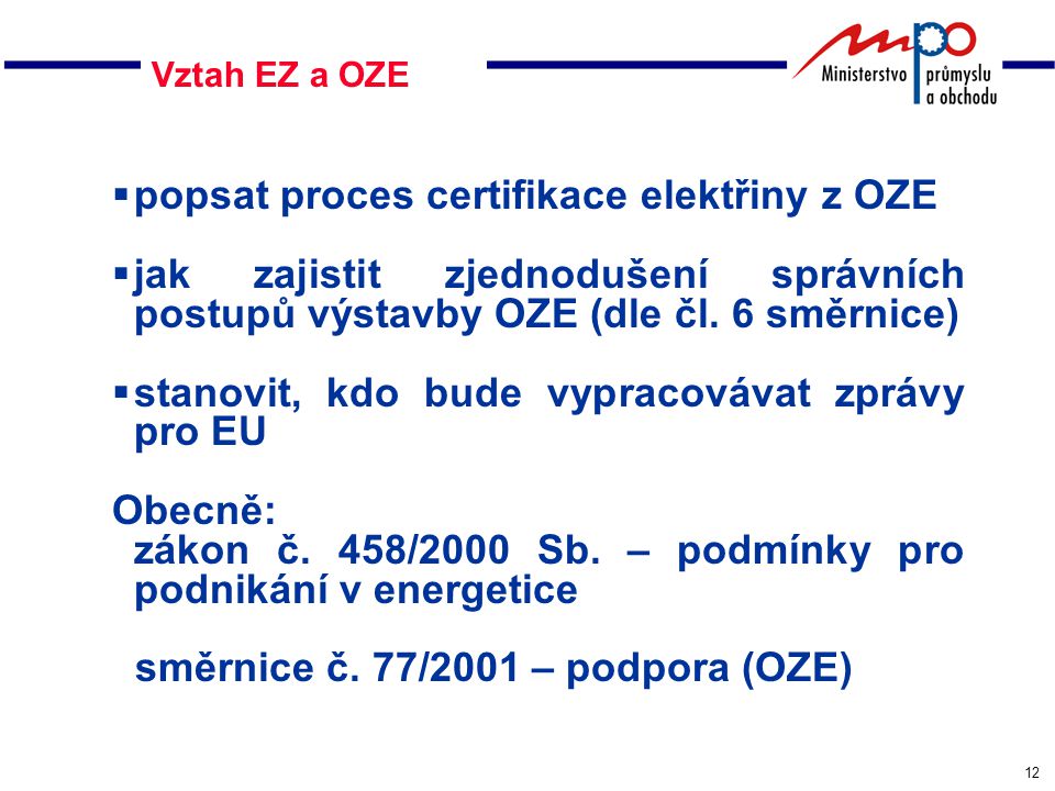 12 Vztah EZ a OZE  popsat proces certifikace elektřiny z OZE  jak zajistit zjednodušení správních postupů výstavby OZE (dle čl.