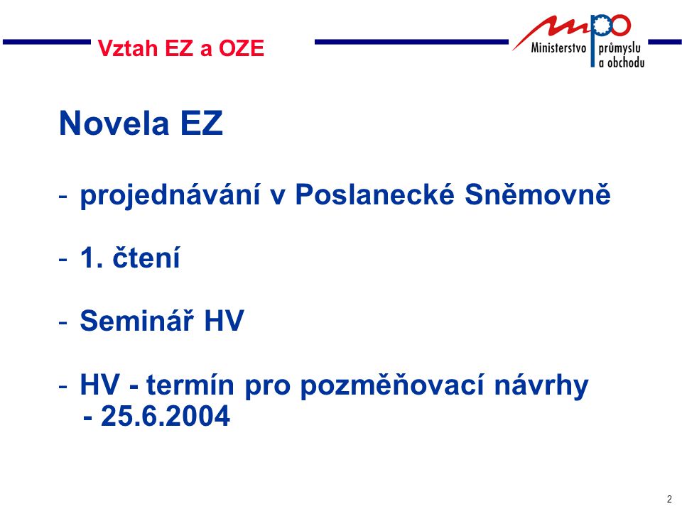 2 Vztah EZ a OZE Novela EZ -projednávání v Poslanecké Sněmovně -1.