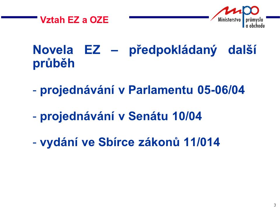 3 Vztah EZ a OZE Novela EZ – předpokládaný další průběh - projednávání v Parlamentu 05-06/04 - projednávání v Senátu 10/04 - vydání ve Sbírce zákonů 11/014