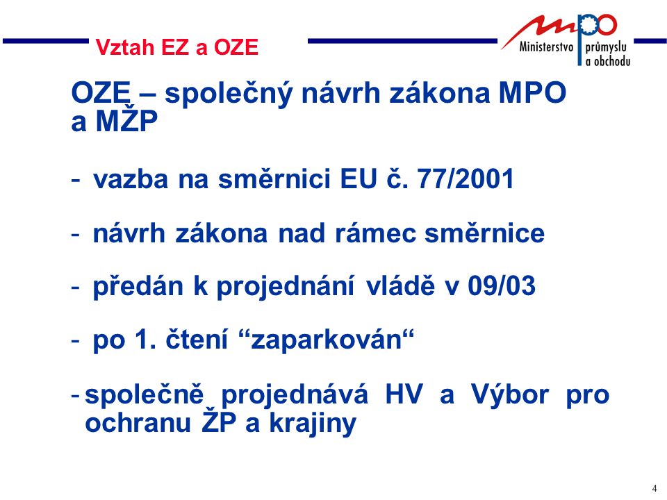 4 Vztah EZ a OZE OZE – společný návrh zákona MPO a MŽP - vazba na směrnici EU č.