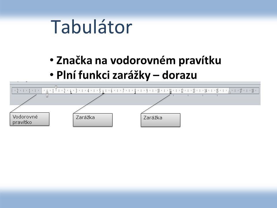 Tabulátor Značka na vodorovném pravítku Plní funkci zarážky – dorazu Vodorovné pravítko Zarážka