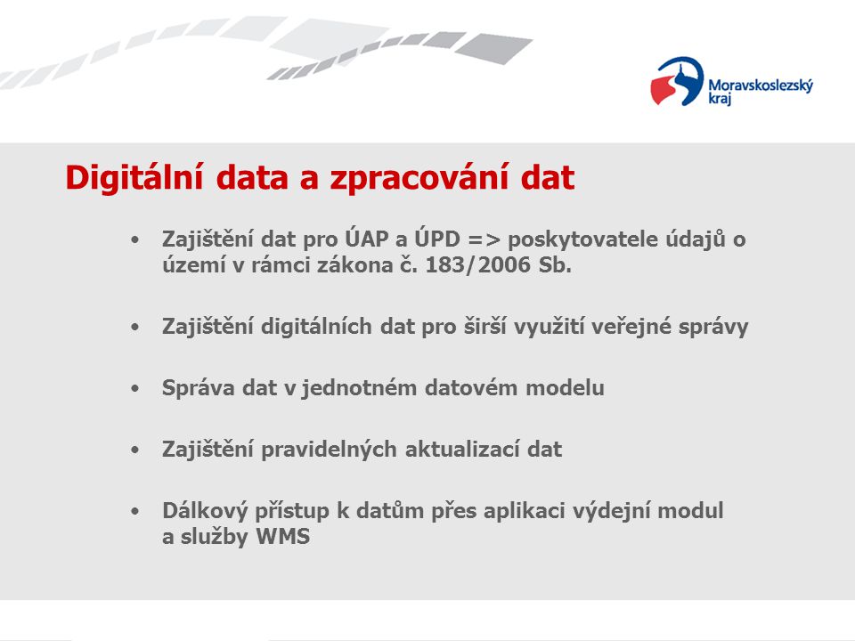 Digitální data a zpracování dat Zajištění dat pro ÚAP a ÚPD => poskytovatele údajů o území v rámci zákona č.
