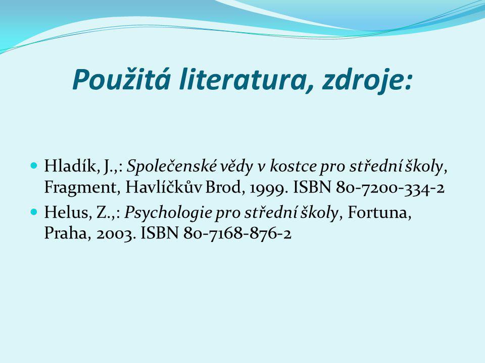 Použitá literatura, zdroje: Hladík, J.,: Společenské vědy v kostce pro střední školy, Fragment, Havlíčkův Brod, 1999.