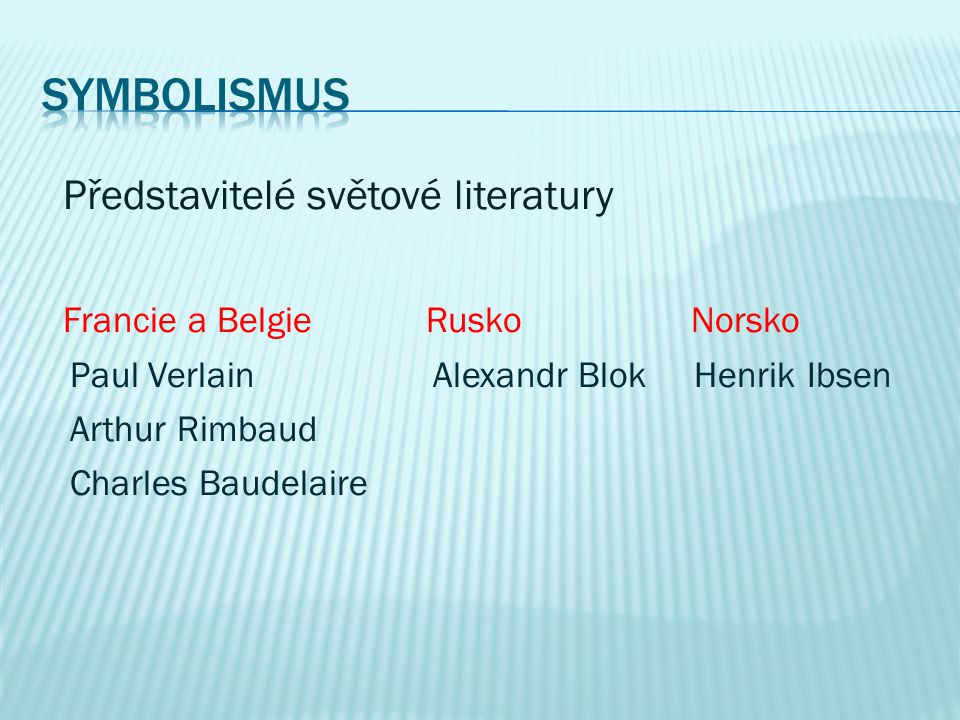 Představitelé světové literatury Francie a Belgie Rusko Norsko Paul Verlain Alexandr Blok Henrik Ibsen Arthur Rimbaud Charles Baudelaire