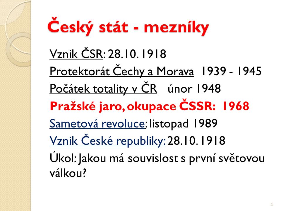 Český stát - mezníky Vznik ČSR: