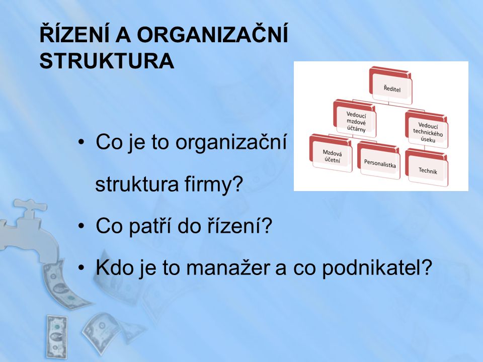 ŘÍZENÍ A ORGANIZAČNÍ STRUKTURA Co je to organizační struktura firmy.