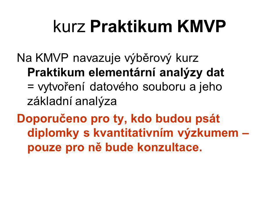 kurz Praktikum KMVP Na KMVP navazuje výběrový kurz Praktikum elementární analýzy dat = vytvoření datového souboru a jeho základní analýza Doporučeno pro ty, kdo budou psát diplomky s kvantitativním výzkumem – pouze pro ně bude konzultace.