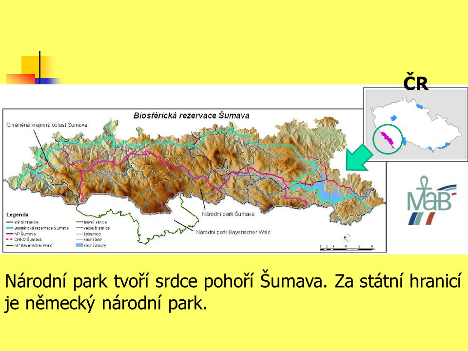 ČR Národní park tvoří srdce pohoří Šumava. Za státní hranicí je německý národní park.