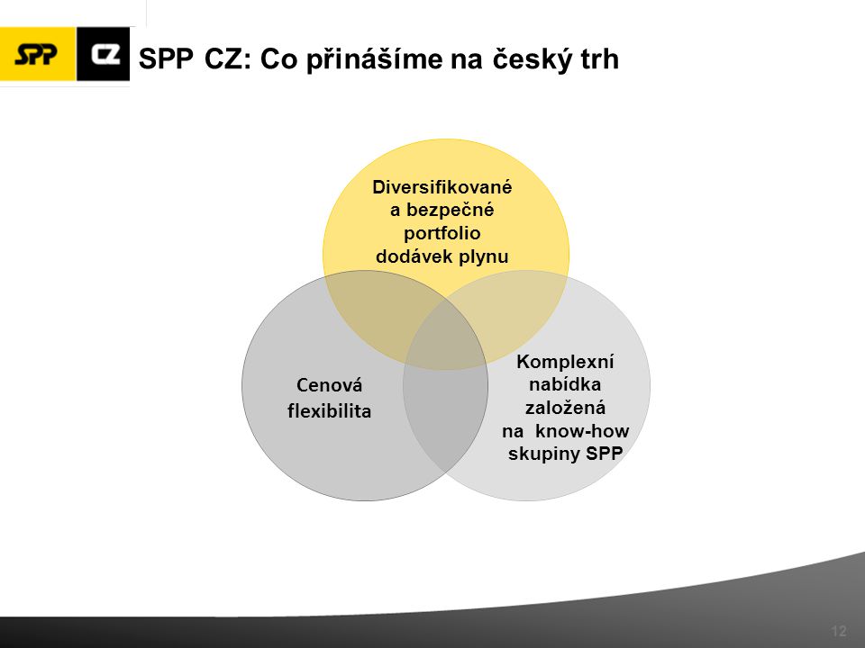 SPP CZ: Co přinášíme na český trh Komplexní nabídka založená na know-how skupiny SPP 12 Diversifikované a bezpečné portfolio dodávek plynu Cenová flexibilita