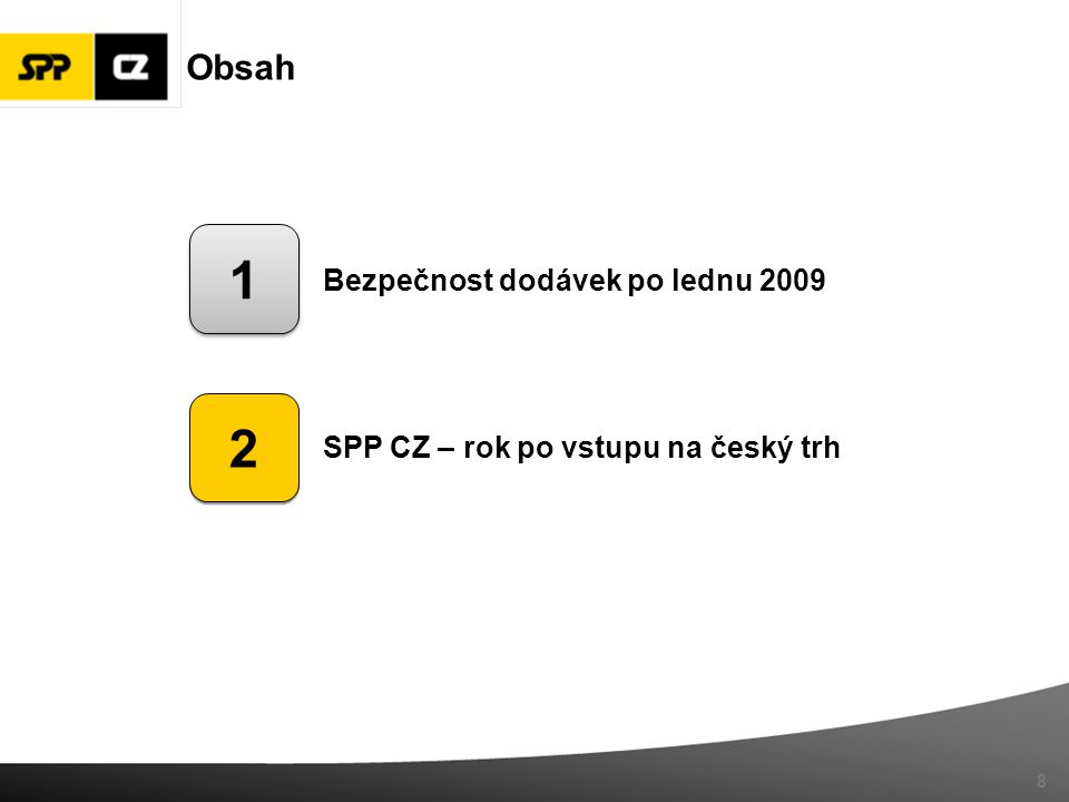 8 Obsah Bezpečnost dodávek po lednu 2009 SPP CZ – rok po vstupu na český trh