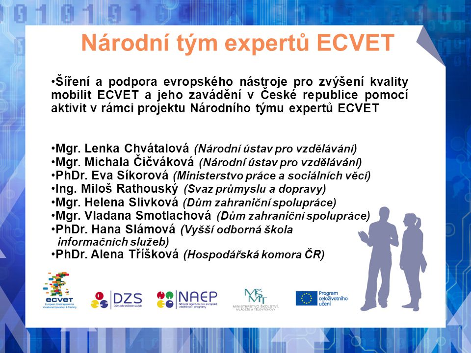 Národní tým expertů ECVET Šíření a podpora evropského nástroje pro zvýšení kvality mobilit ECVET a jeho zavádění v České republice pomocí aktivit v rámci projektu Národního týmu expertů ECVET Mgr.