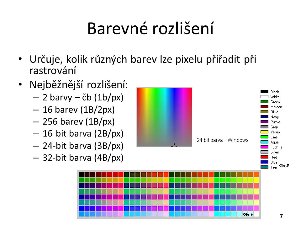 7 Barevné rozlišení Určuje, kolik různých barev lze pixelu přiřadit při rastrování Nejběžnější rozlišení: – 2 barvy – čb (1b/px) – 16 barev (1B/2px) – 256 barev (1B/px) – 16-bit barva (2B/px) – 24-bit barva (3B/px) – 32-bit barva (4B/px) 24 bit barva - Windows