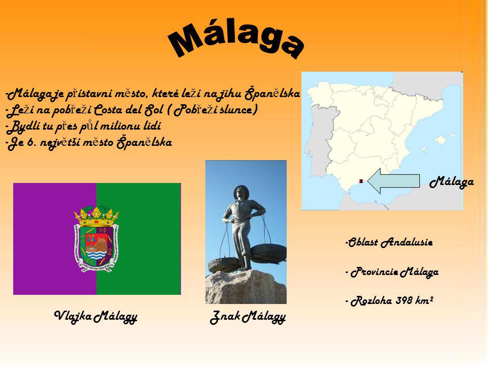 Málaga -Málaga je p ř ístavní m ě sto, které le ž í na jihu Špan ě lska -Le ž í na pob ř e ž í Costa del Sol ( Pob ř e ž í slunce) -Bydlí tu p ř es p ů l milionu lidí -Je 6.