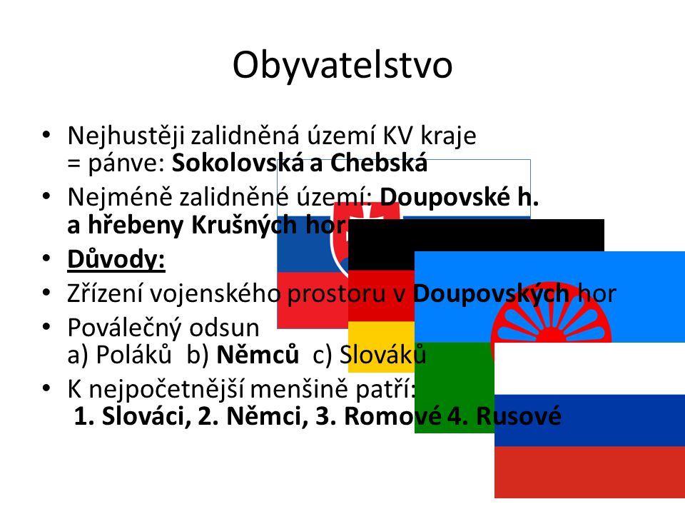 Obyvatelstvo Nejhustěji zalidněná území KV kraje = pánve: Sokolovská a Chebská Nejméně zalidněné území: Doupovské h.