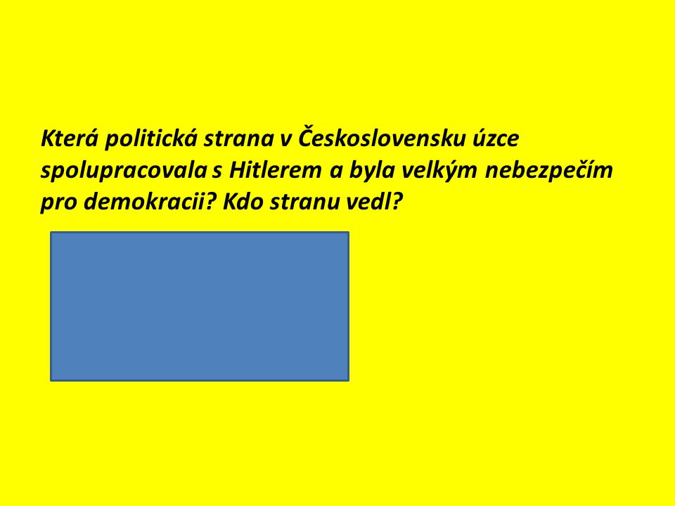 Která politická strana v Československu úzce spolupracovala s Hitlerem a byla velkým nebezpečím pro demokracii.