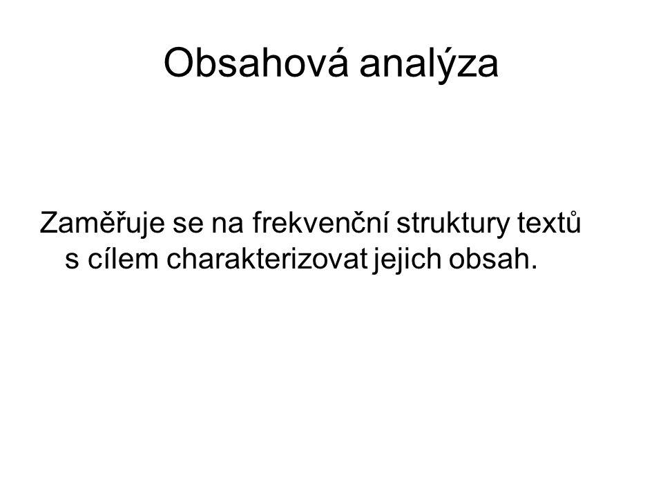 Obsahová analýza Zaměřuje se na frekvenční struktury textů s cílem charakterizovat jejich obsah.