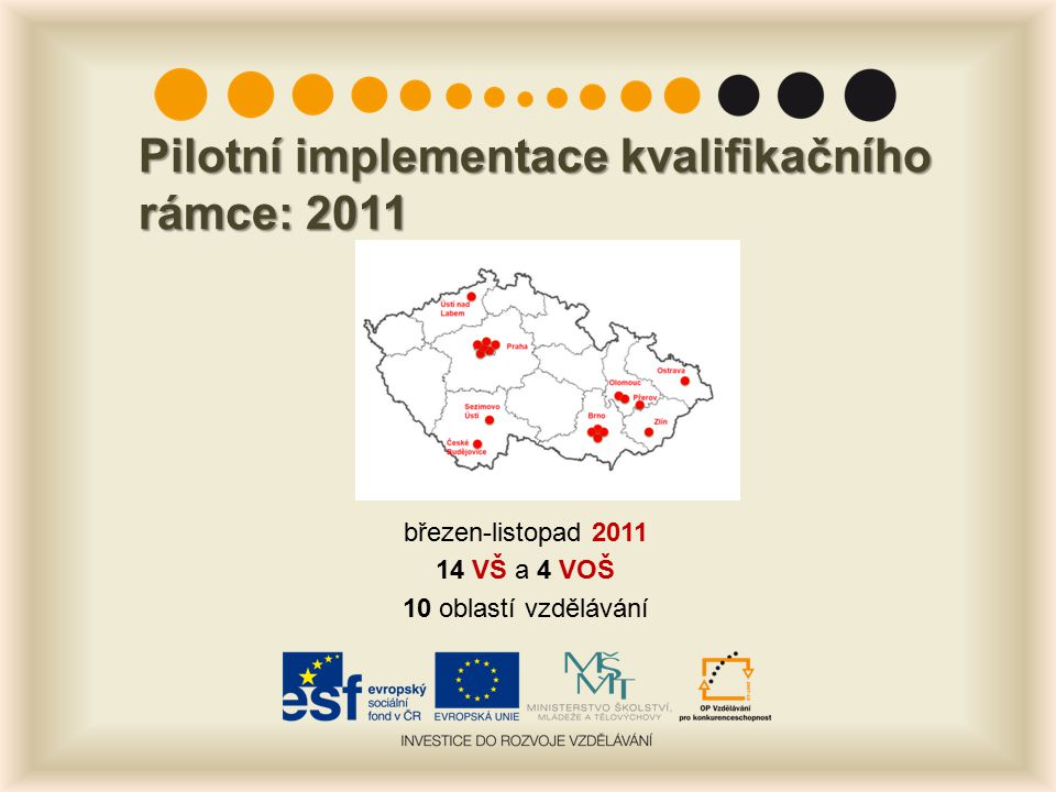 Pilotní implementace kvalifikačního rámce: 2011 březen-listopad VŠ a 4 VOŠ 10 oblastí vzdělávání