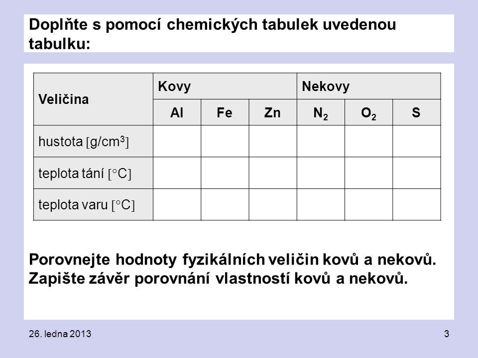 Doplňte s pomocí chemických tabulek uvedenou tabulku: Porovnejte hodnoty fyzikálních veličin kovů a nekovů.