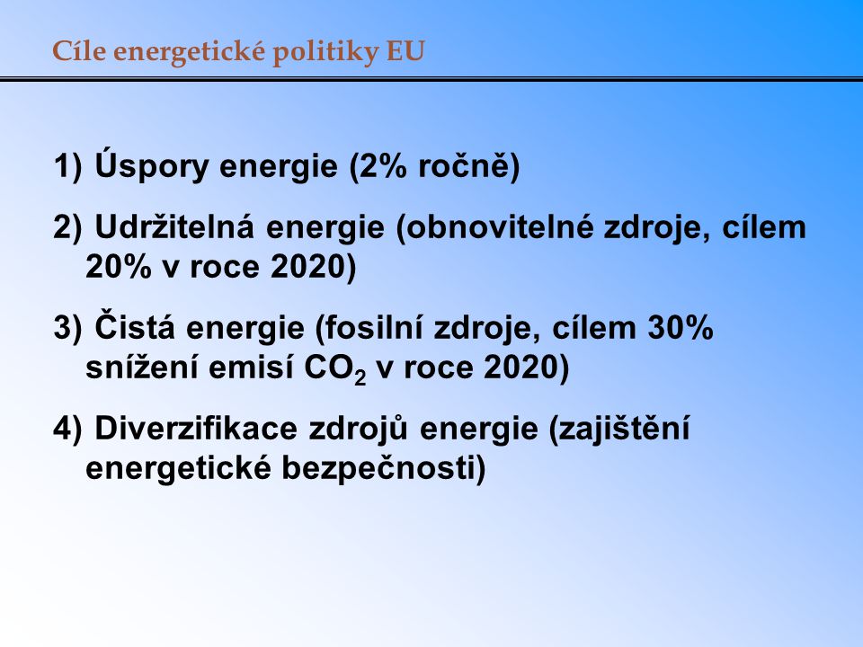 1) Úspory energie (2% ročně) 2) Udržitelná energie (obnovitelné zdroje, cílem 20% v roce 2020) 3) Čistá energie (fosilní zdroje, cílem 30% snížení emisí CO 2 v roce 2020) 4) Diverzifikace zdrojů energie (zajištění energetické bezpečnosti) Cíle energetické politiky EU
