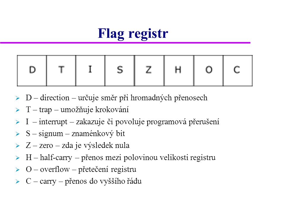 Flag registr  D – direction – určuje směr při hromadných přenosech  T – trap – umožňuje krokování  I – interrupt – zakazuje či povoluje programová přerušení  S – signum – znaménkový bit  Z – zero – zda je výsledek nula  H – half-carry – přenos mezi polovinou velikosti registru  O – overflow – přetečení registru  C – carry – přenos do vyššího řádu