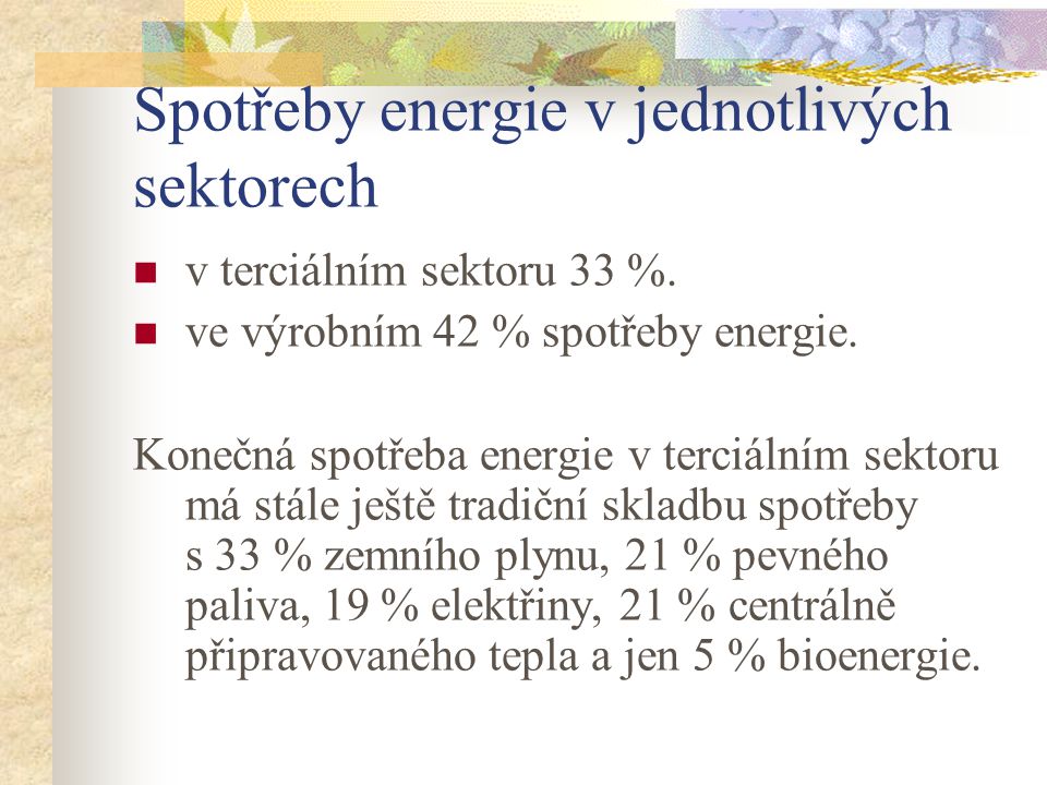 Spotřeby energie v jednotlivých sektorech v terciálním sektoru 33 %.